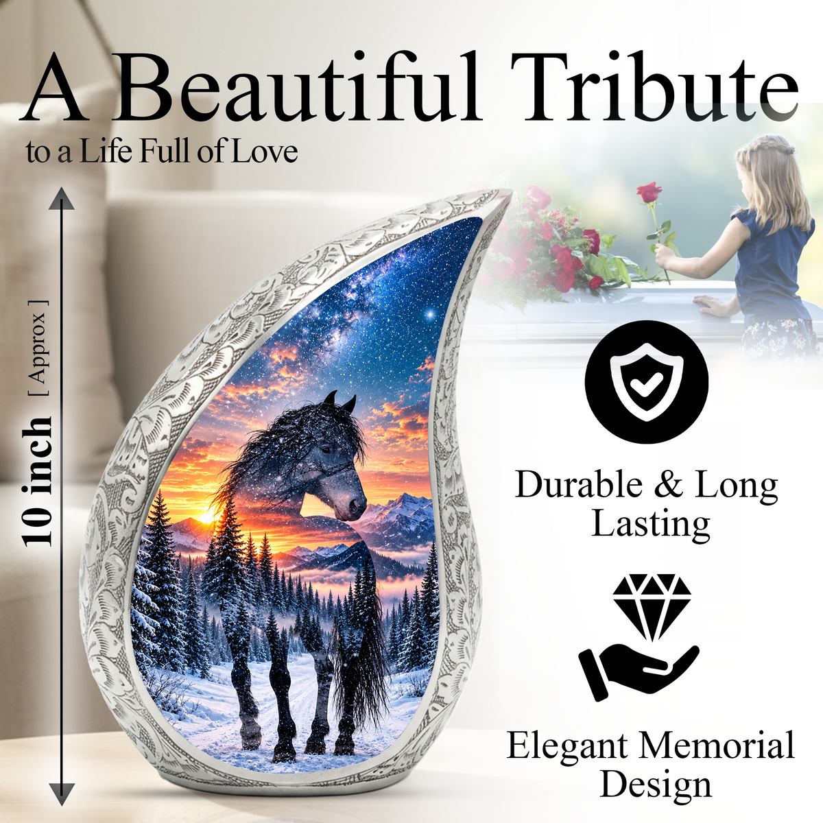 Horse Adult Urn for Ashes, Black Horse Cremation Urn for Human Ashes