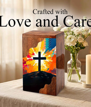 Wooden Cremation Urn – Radiant Cross Memorial Urn | Christian Wooden Urn for Ashes