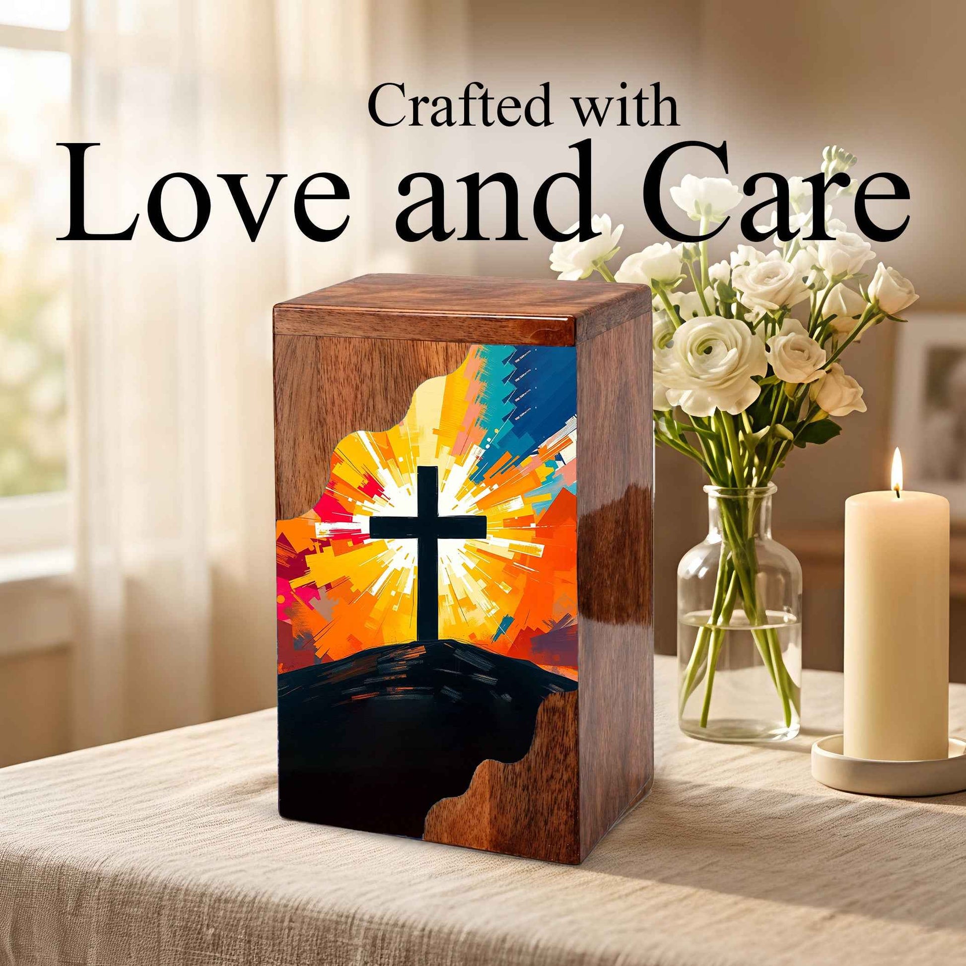 Wooden Cremation Urn – Radiant Cross Memorial Urn | Christian Wooden Urn for Ashes
