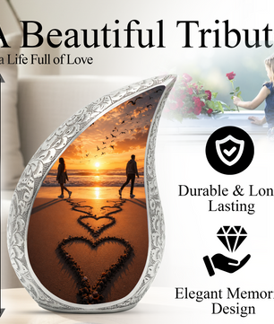 Beach Sunset Cremation Urn for Human Ashes | Heart-Shaped Ocean Memorial Urn & Beach Themed Keepsake Urn