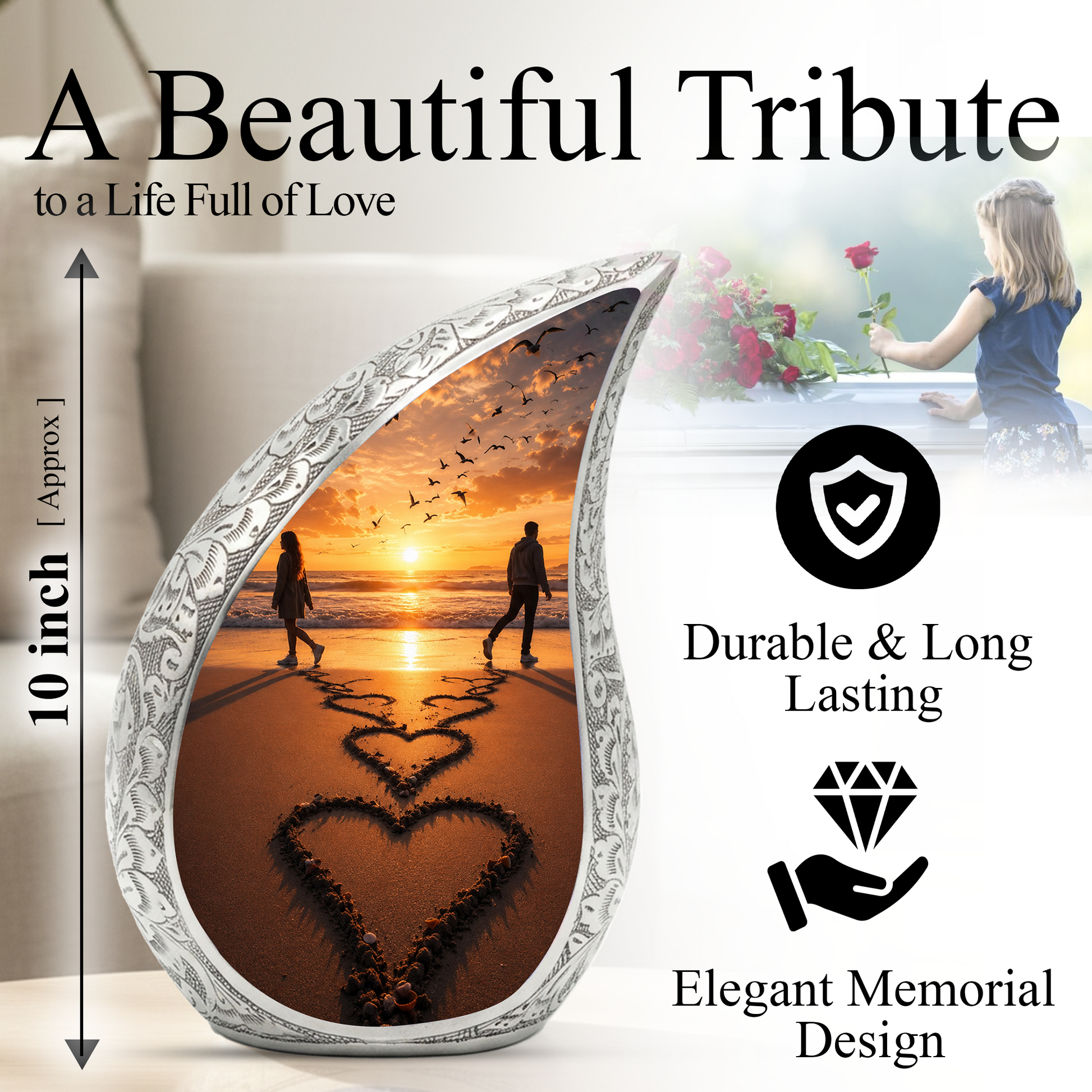 Beach Sunset Cremation Urn for Human Ashes | Heart-Shaped Ocean Memorial Urn & Beach Themed Keepsake Urn