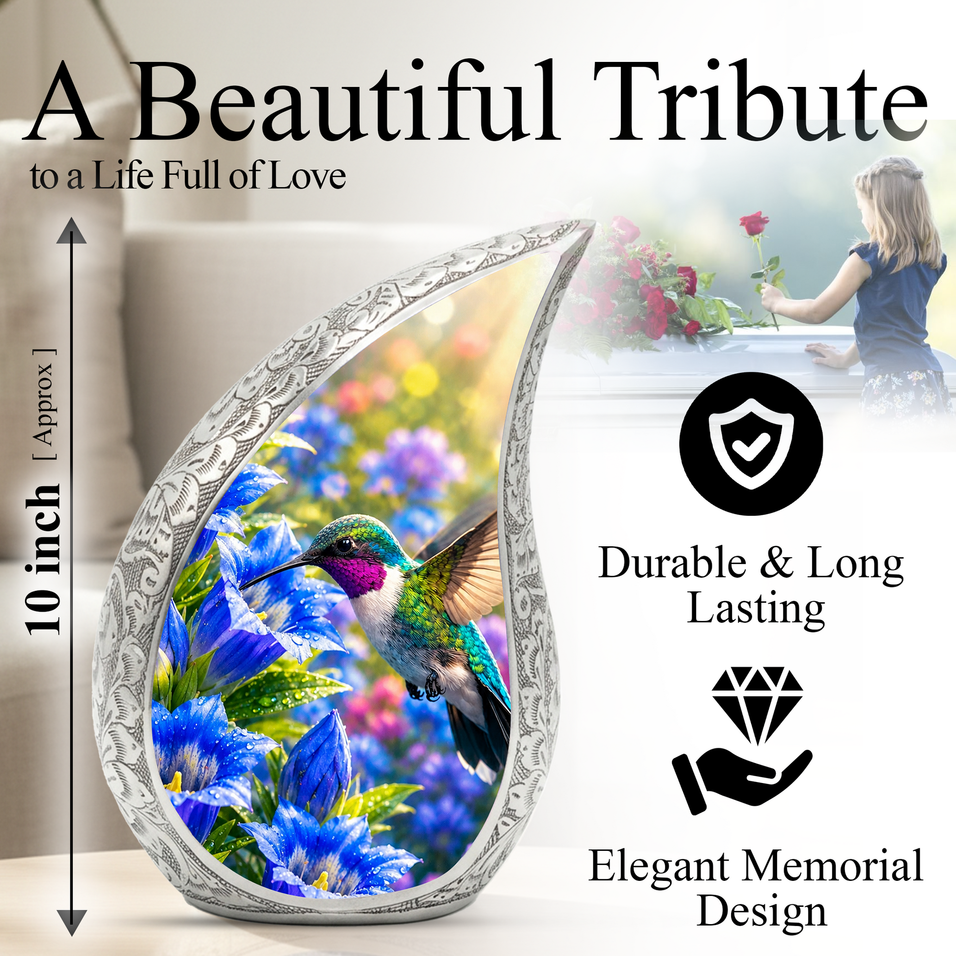 Hummingbird Urn for Human Ashes | Beautiful Hummingbird Adult Cremation Urn | Floral Memorial Urn for Adult Ashes