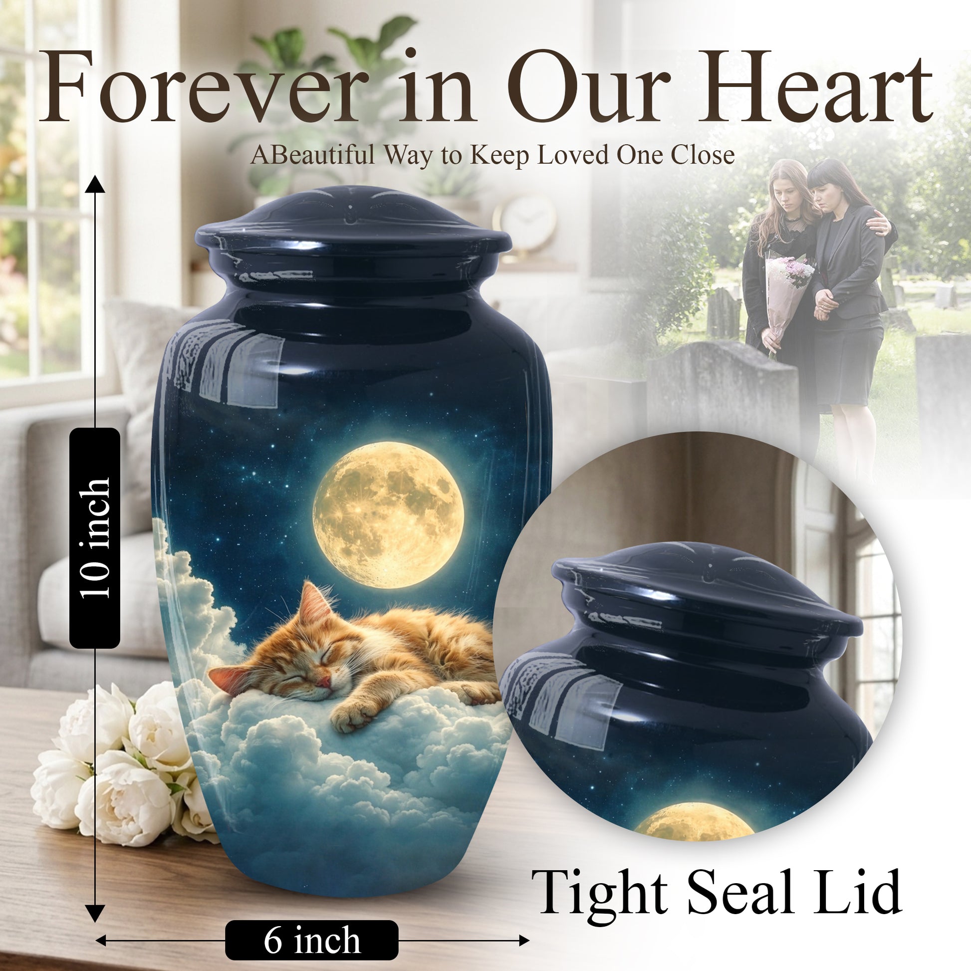 Cat Memorial Urn for Mom | Moon Cat Cremation  Large Urn for Ashes- Funeral Keepsake Urn