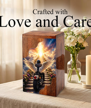 Motorcycle Heaven Wooden Cremation Urn – Ride Into Heaven Memorial Urn for Human Ashes