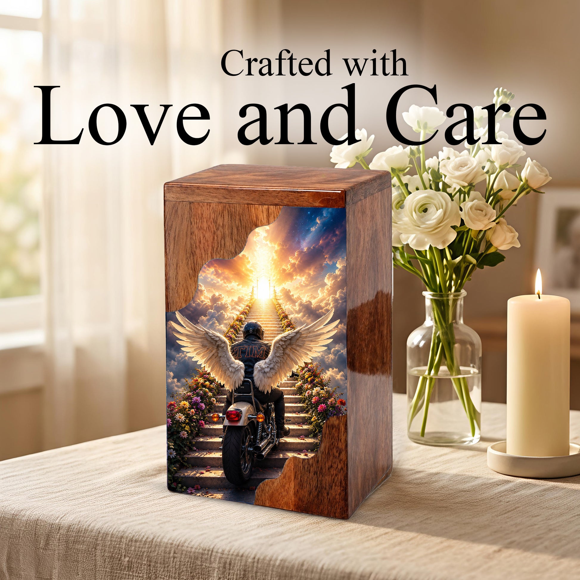 Motorcycle Heaven Wooden Cremation Urn – Ride Into Heaven Memorial Urn for Human Ashes