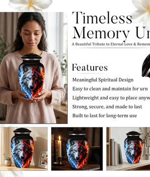 Personalized Adult Cremation Urn for Ashes, Custom Wolf Memorial Urn, Blue and Fire Red Dual Wolf Artwork