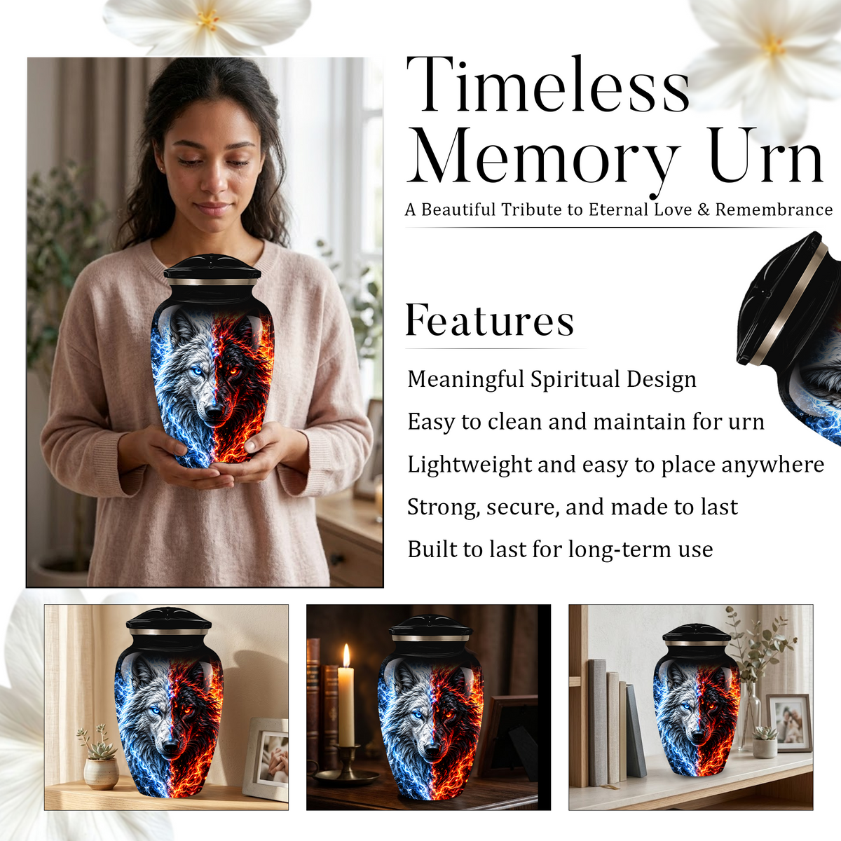 Personalized Adult Cremation Urn for Ashes, Custom Wolf Memorial Urn, Blue and Fire Red Dual Wolf Artwork