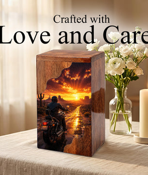 Motorcycle Wooden Cremation Urn – Sunset Ride Memorial Urn for Human Ashes
