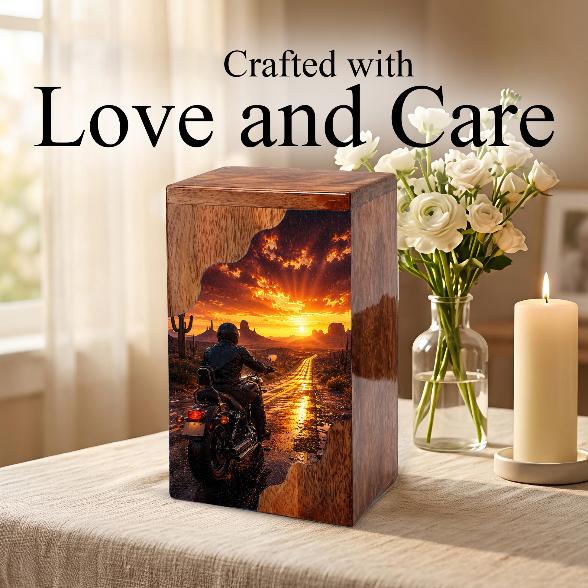 Motorcycle Wooden Cremation Urn – Sunset Ride Memorial Urn for Human Ashes