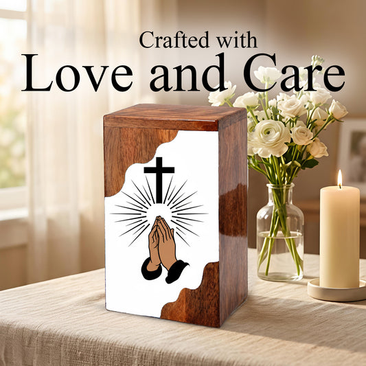 Cross Wooden Cremation Urn – Prayer Cross Memorial Wooden Urn for Human Ashes