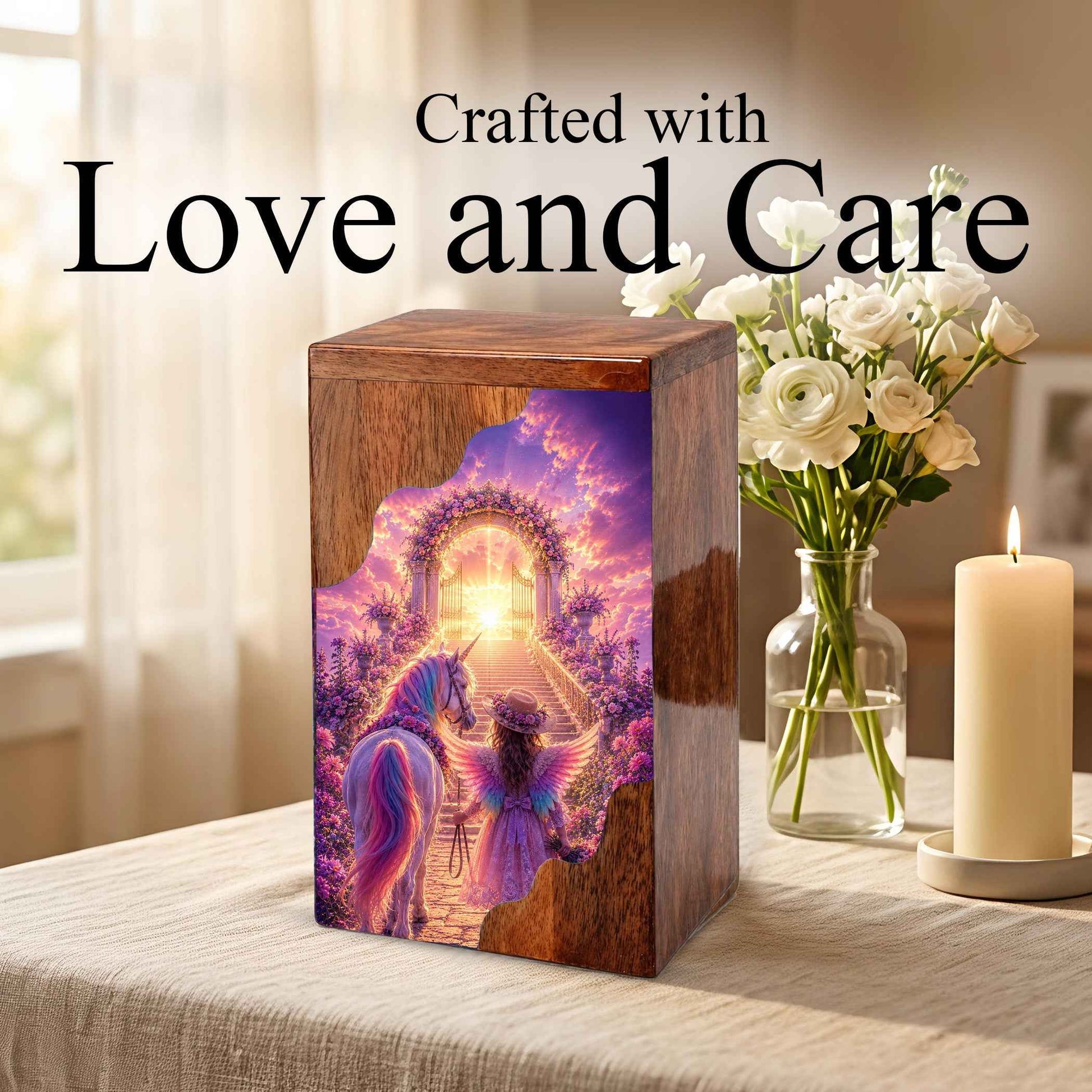 Angel Heaven Gate Wooden Cremation Urn – Heavenly Garden Memorial Wooden Urn for Human Ashes