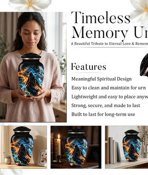 Personalized Adult Cremation Urn for Ashes, Custom Wolf Memorial Urn, Fantasy Warrior Blue and Orange Flame Artwork