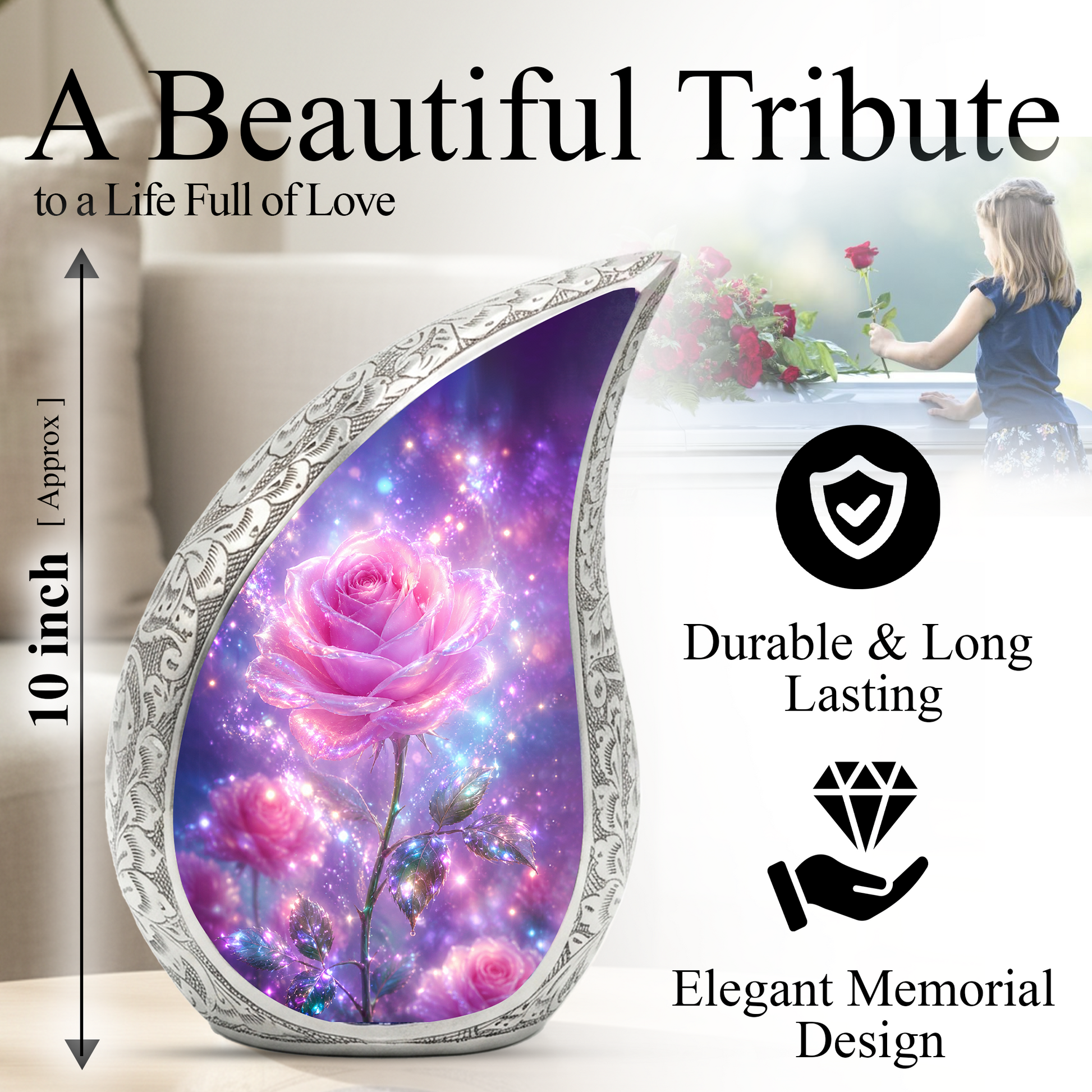 Pink Rose Memorial Urn for Mom, Floral Cremation Urn for Ashes