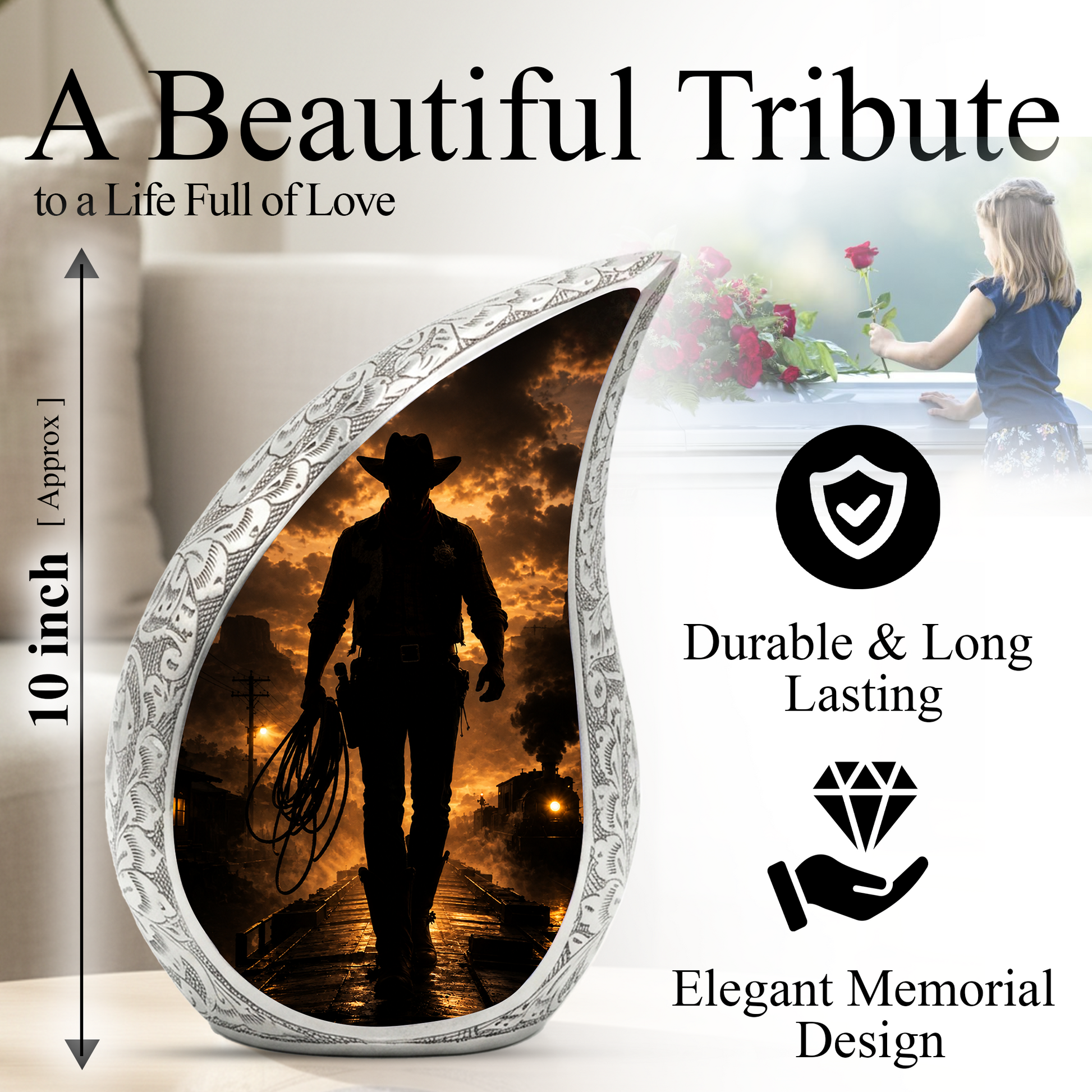 Western Cowboy Urn for Ashes, Cowboy Memorial Keepsake Urn