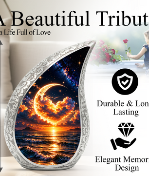 Ocean Sunset Adult Urn for Ashes, Golden Moon Cremation Urn for Human Ashes