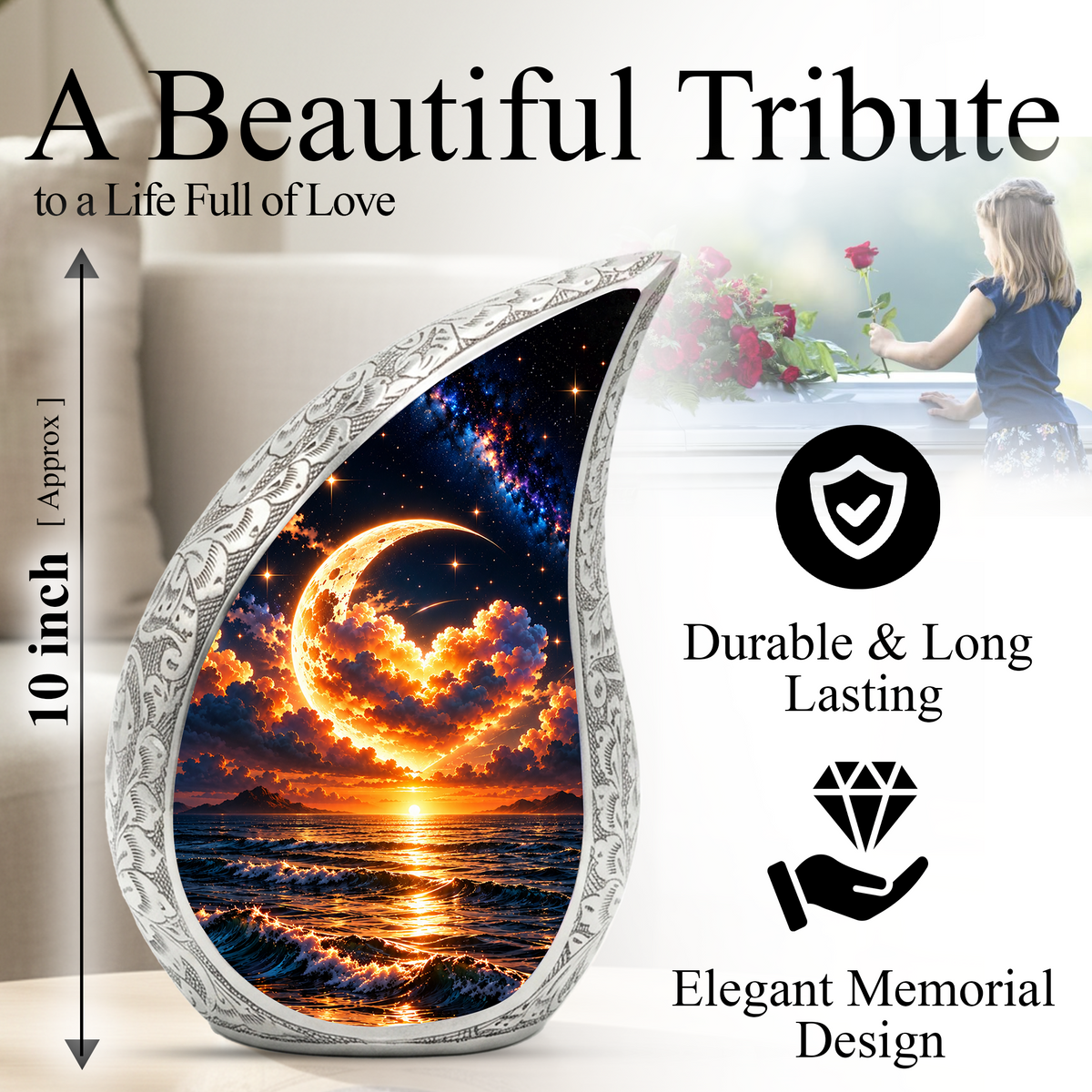 Ocean Sunset Adult Urn for Ashes, Golden Moon Cremation Urn for Human Ashes