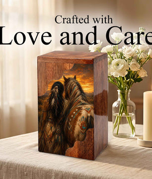 Native Spirit Wooden Cremation Urn – Horse Memorial Urn for Human Ashes | Sunset Tribute Wooden Urn
