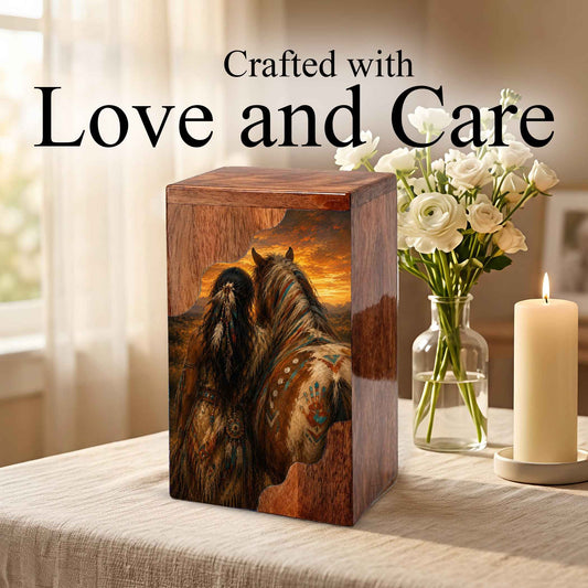 Native Spirit Wooden Cremation Urn – Horse Memorial Urn for Human Ashes | Sunset Tribute Wooden Urn