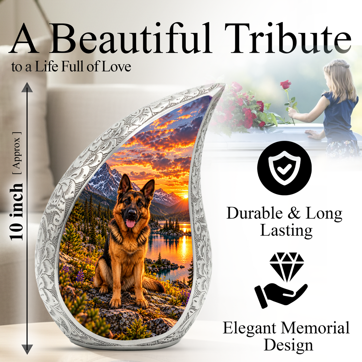 German Shepherd Cremation Urn for Ashes, Dog Memorial Urn, German Shepherd Adult Urn