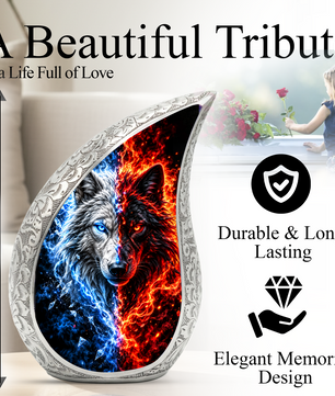 Fire and Ice Wolf Cremation Urn for Ashes, Dual Wolf Memorial Urn, Personalized Adult Cremation Urn