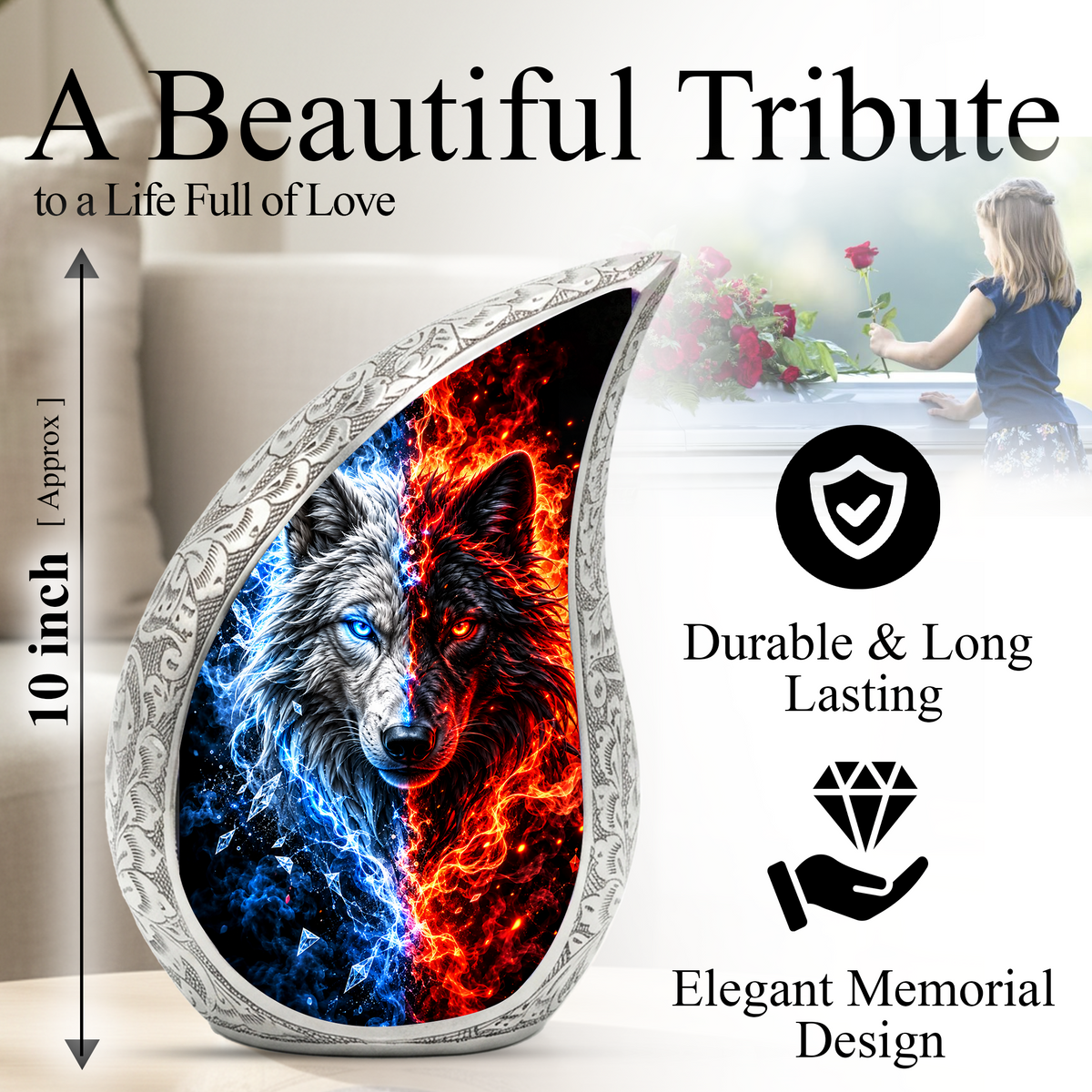 Fire and Ice Wolf Cremation Urn for Ashes, Dual Wolf Memorial Urn, Personalized Adult Cremation Urn