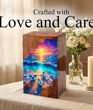 Coastal Butterfly Wooden Cremation Urn – Butterfly Memorial Urn for Human Ashes