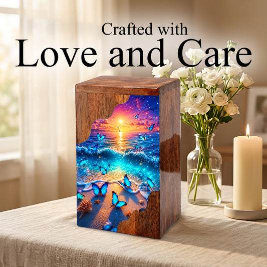 Coastal Butterfly Wooden Cremation Urn – Butterfly Memorial Urn for Human Ashes