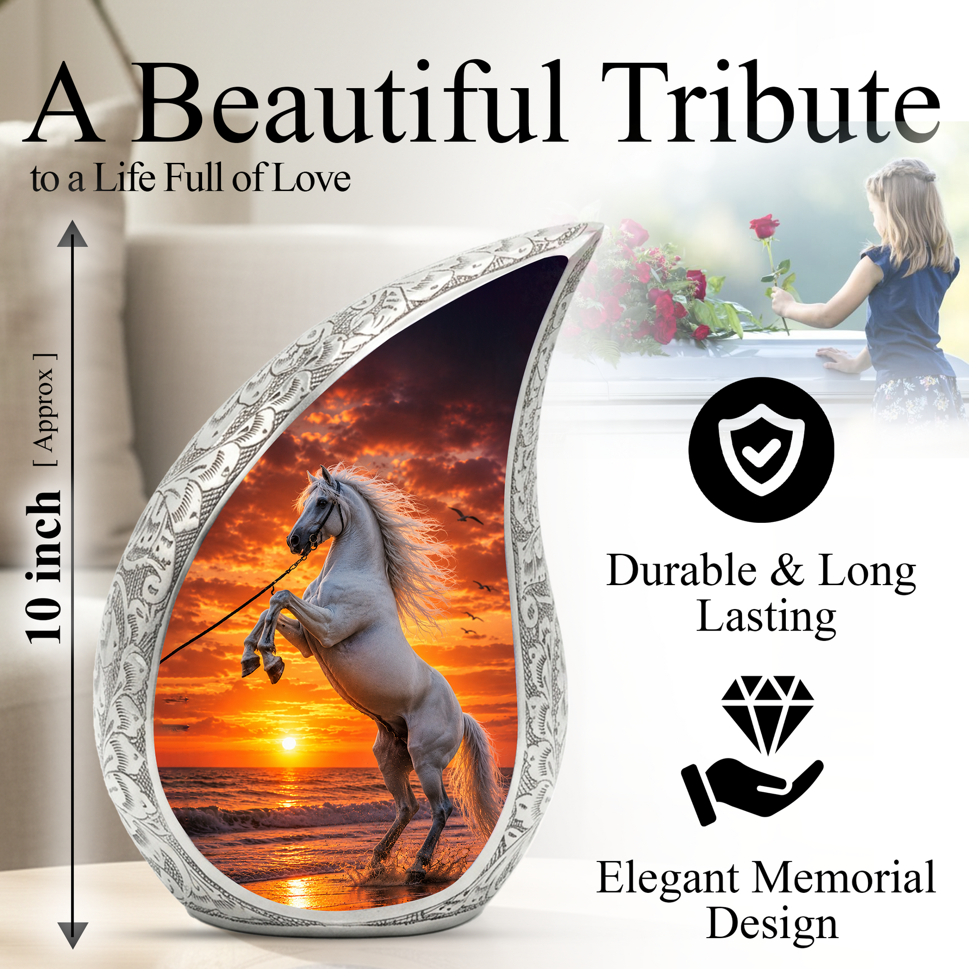 White Horse Adult Urn for Human Ashes – Sunset Memorial Adult Cremation Urn