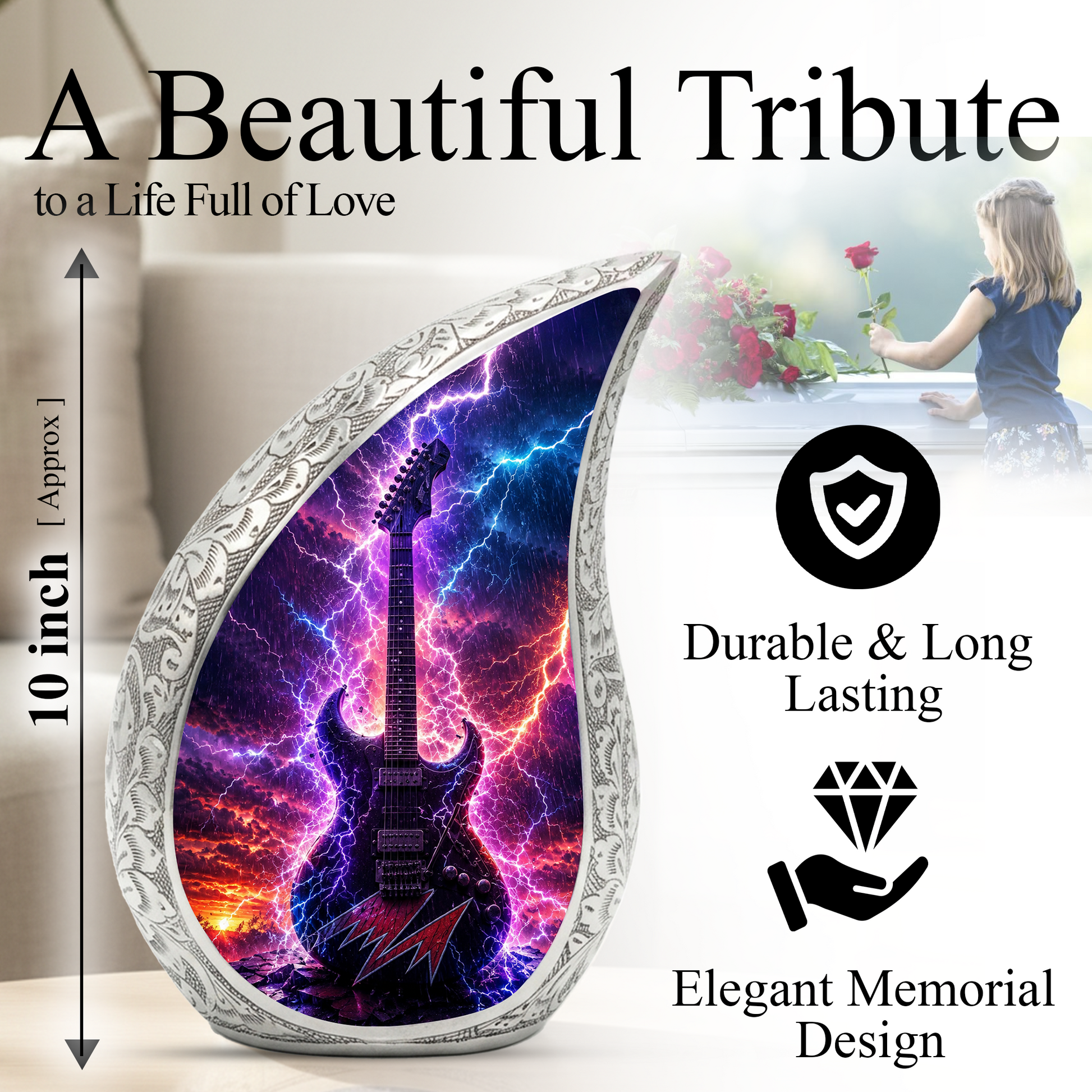 Thunder Guitar Urn for Human Ashes | Rock Music Adult Cremation Urn | Guitar Memorial Urn for Adult Ashes