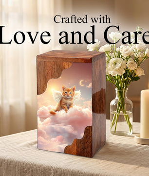 Cat Wooden Cremation Urn – Angel Cat Memorial Urn | Custom Pet Urn for Cat Ashes