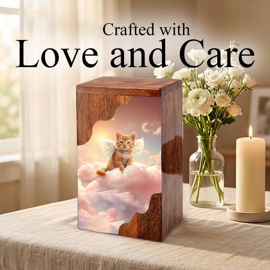Cat Wooden Cremation Urn – Angel Cat Memorial Urn | Custom Pet Urn for Cat Ashes