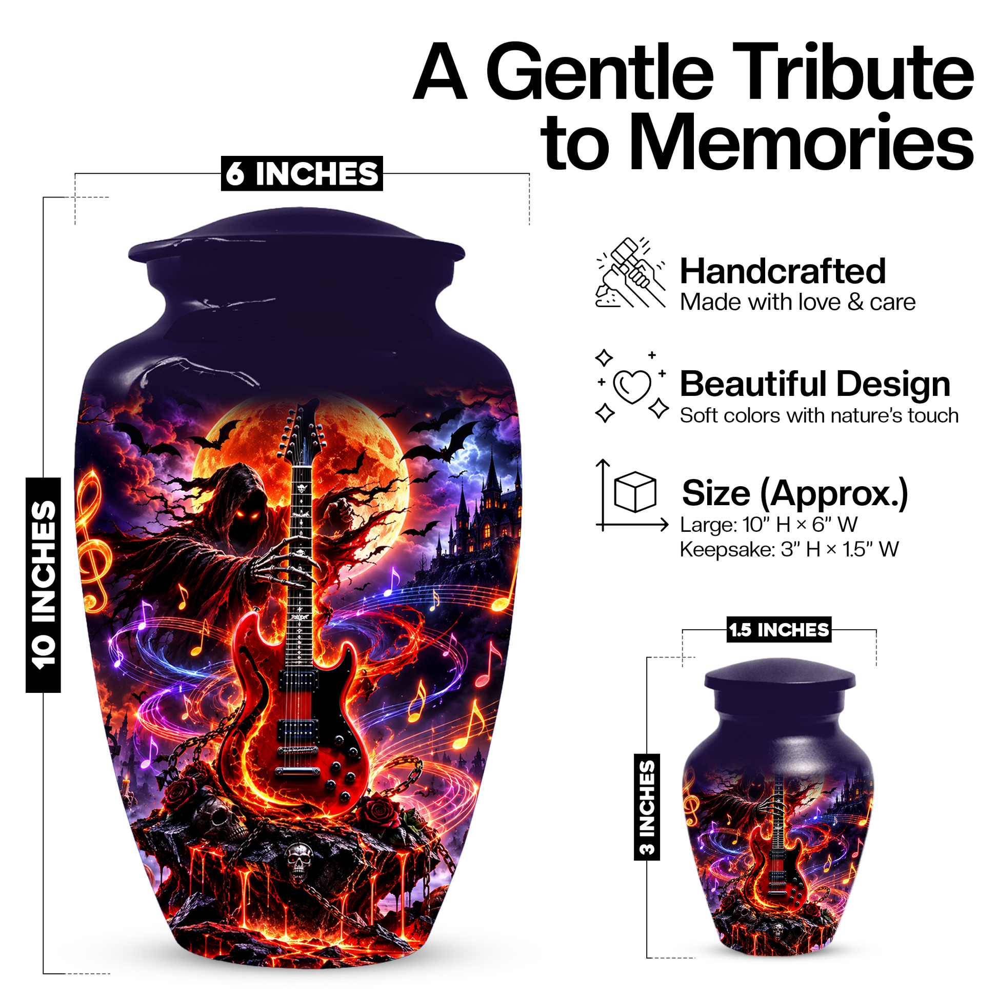 Gothic Guitar Cremation Urn for Dad, Personalized Halloween Memorial Urn for Human Ashes