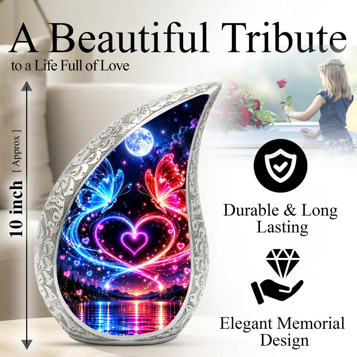 Heart Butterfly Urn for Human Ashes, Adult Cremation Urn with Glowing Butterflies