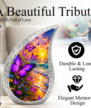Purple Butterfly Memorial Urn for Mom, Beach Butterfly Cremation Urn for Ashes