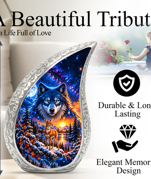 Wolf and Deer Cremation Urn for Ashes, Wildlife Adult Memorial Urn
