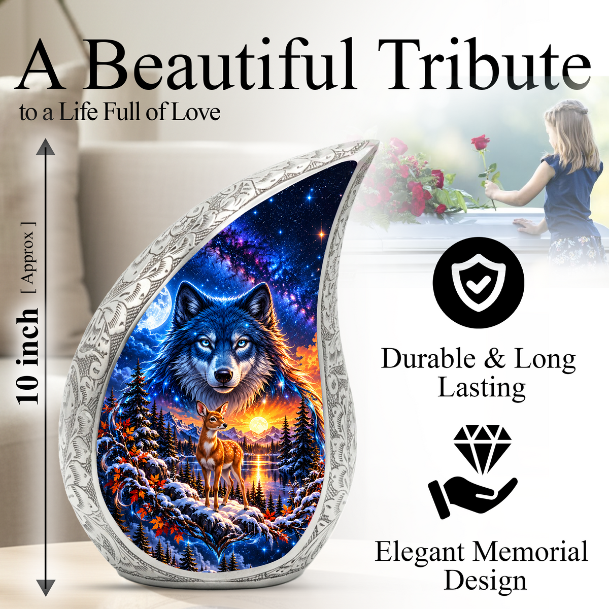 Wolf and Deer Cremation Urn for Ashes, Wildlife Adult Memorial Urn