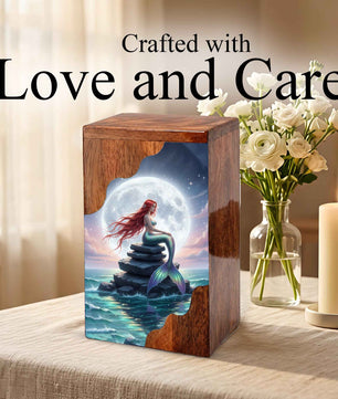 Wooden Cremation Urn – Moonlit Mermaid Memorial Urn | Custom Memorial Urn for Mom, Women & Loved Ones