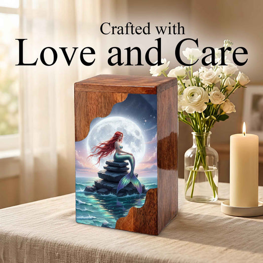 Wooden Cremation Urn – Moonlit Mermaid Memorial Urn | Custom Memorial Urn for Mom, Women & Loved Ones