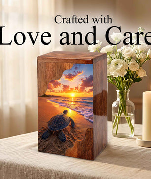 Sea Turtle Sunset Wooden Cremation Urn – Adult Wooden Urn for Human Ashes | Beach Memorial Urn