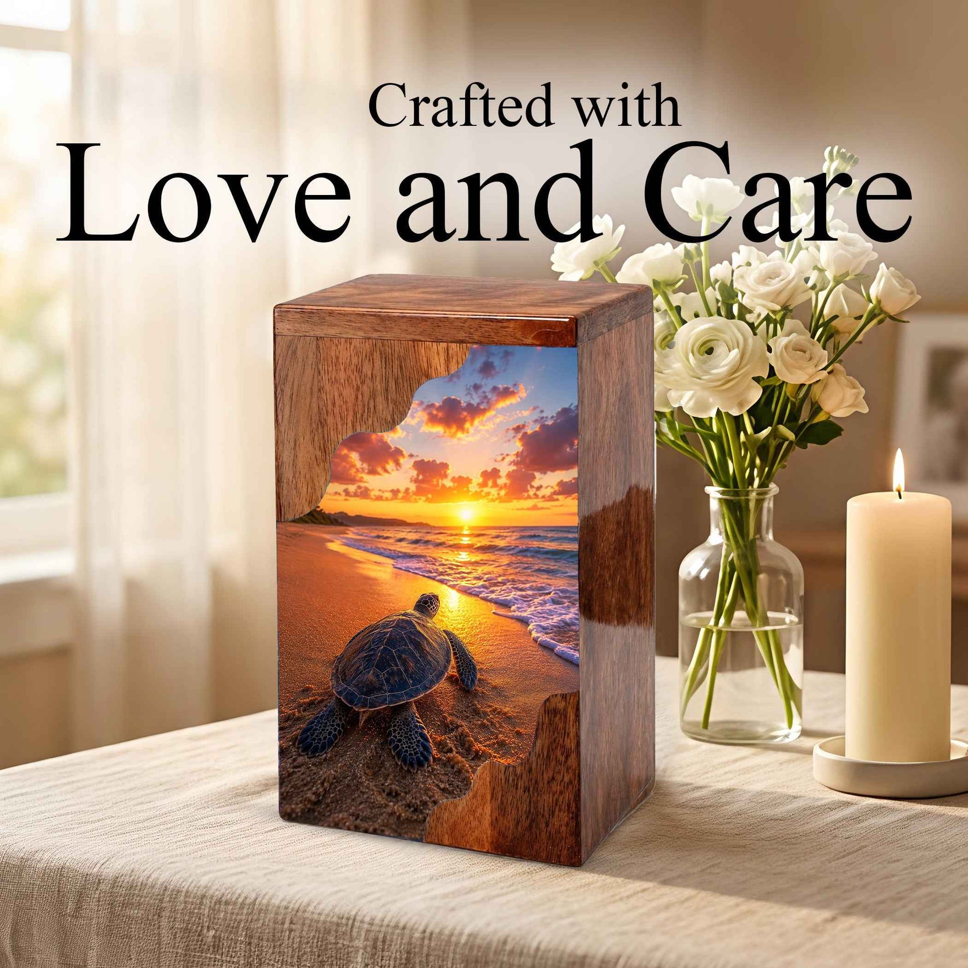 Sea Turtle Sunset Wooden Cremation Urn – Adult Wooden Urn for Human Ashes | Beach Memorial Urn