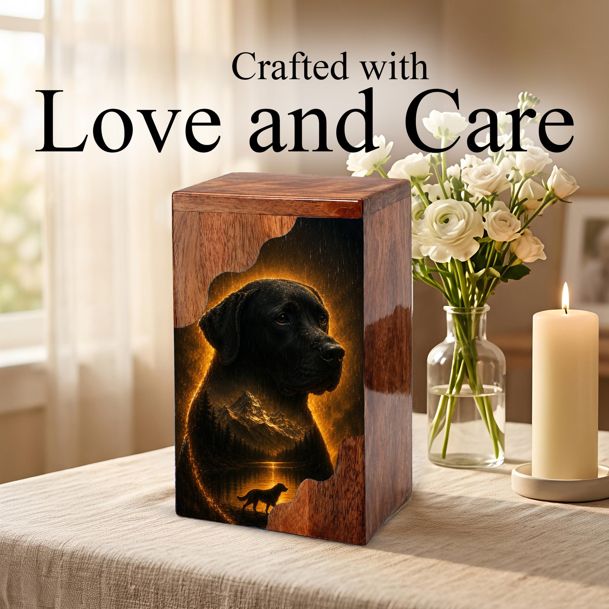 Black Labrador Wooden Cremation Urn for Human Ashes | Personalized Dog Memorial Urn
