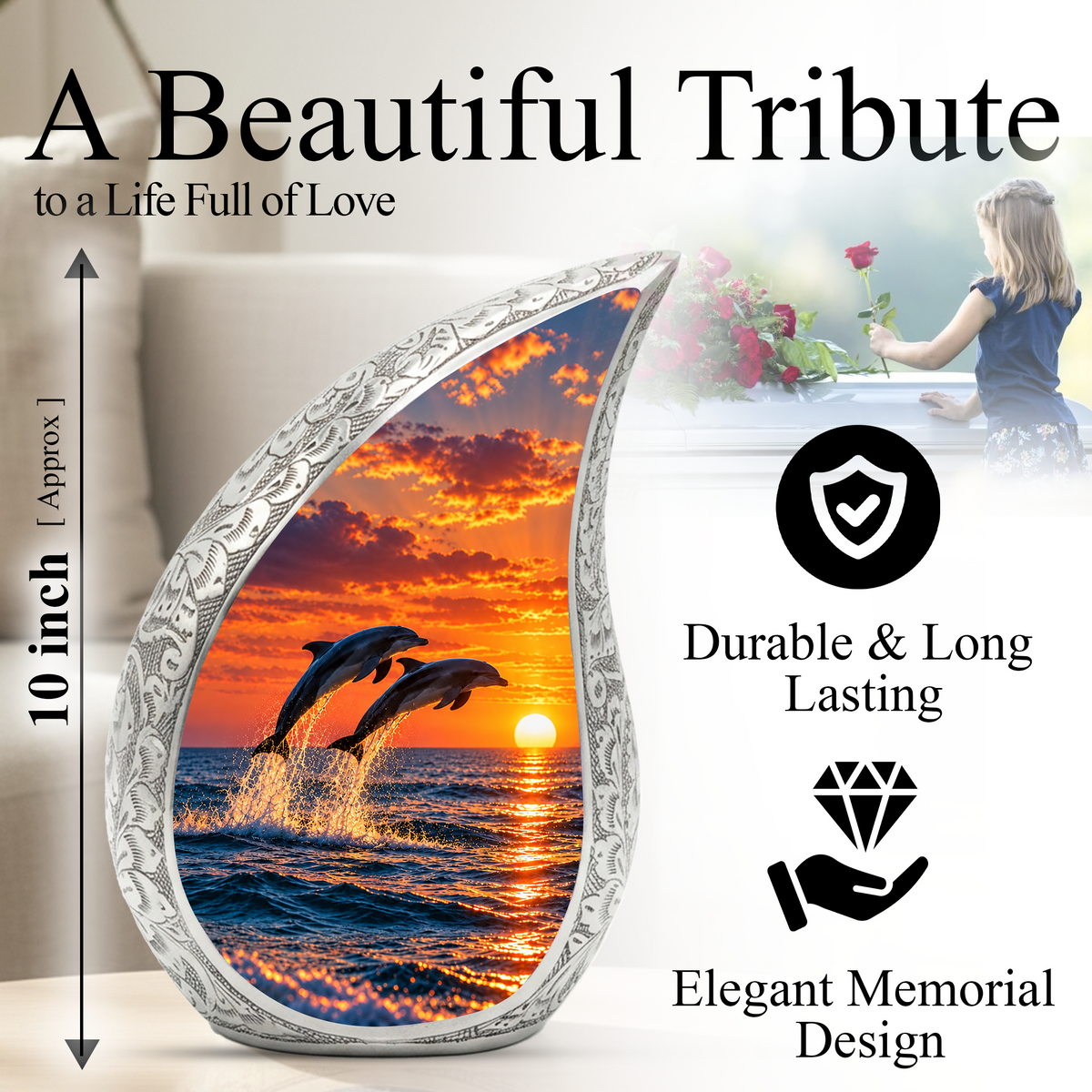 Dolphin Cremation Urn for Ashes, Ocean Memorial Urn, Dolphin Adult Urn, Beach Sunset Cremation Urn