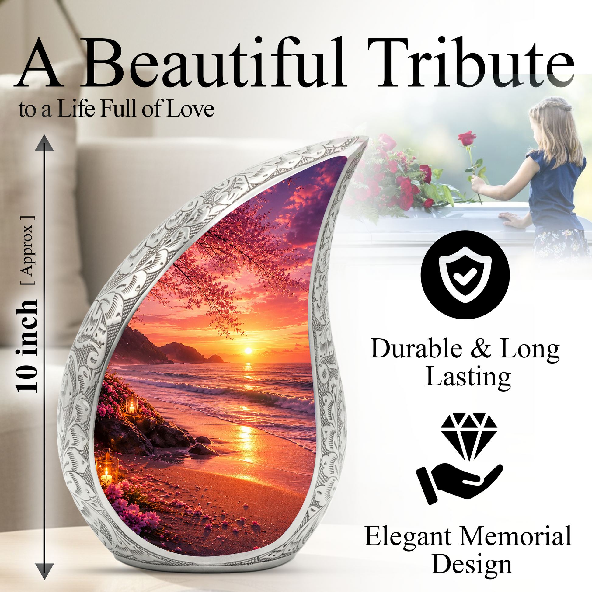 Ocean Beach Sunset Urn for Human Ashes | Beach Cremation Urn with Palm Tree