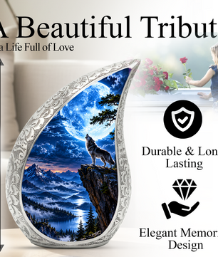 Wolf Moon Cremation Urn for Adult Ashes, Mountain Wildlife Memorial Urn, Howling Wolf Full Moon Design, Decorative Urn for Mom or Dad