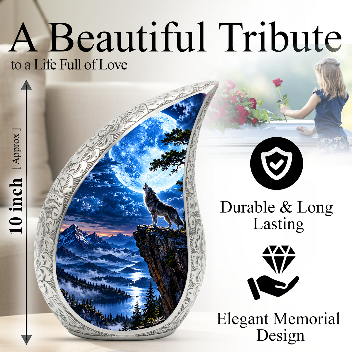 Wolf Moon Cremation Urn for Adult Ashes, Mountain Wildlife Memorial Urn, Howling Wolf Full Moon Design, Decorative Urn for Mom or Dad