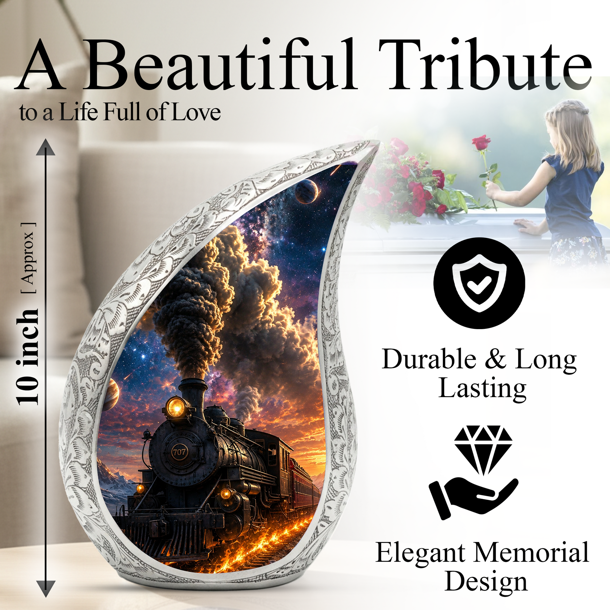 Train Urn for Human Ashes | Unique Railroad Adult Cremation Urn | Locomotive Memorial Urn for Adult Ashes