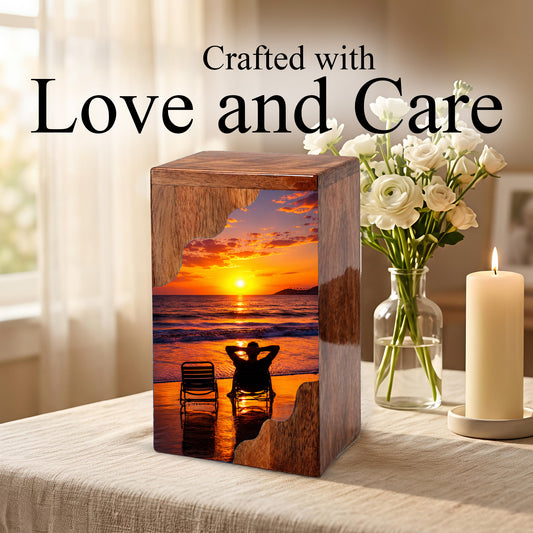 Personalised Wooden Beach Urn for Dad | Wooden Cremation Urn for Human Ashes
