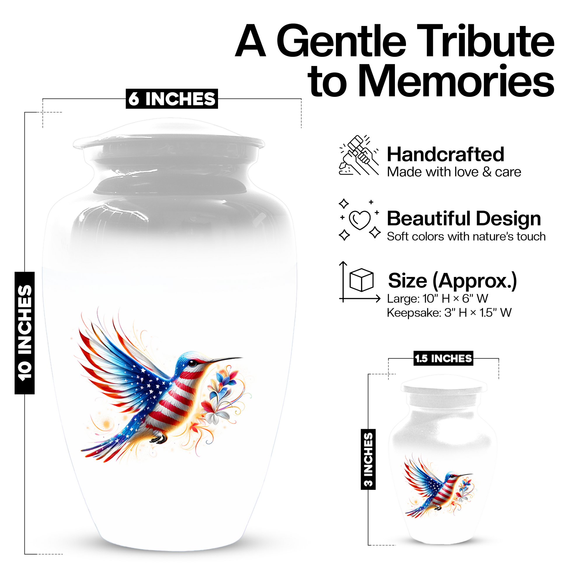Patriotic Hummingbird Urn for Ashes, American Flag Cremation Urn