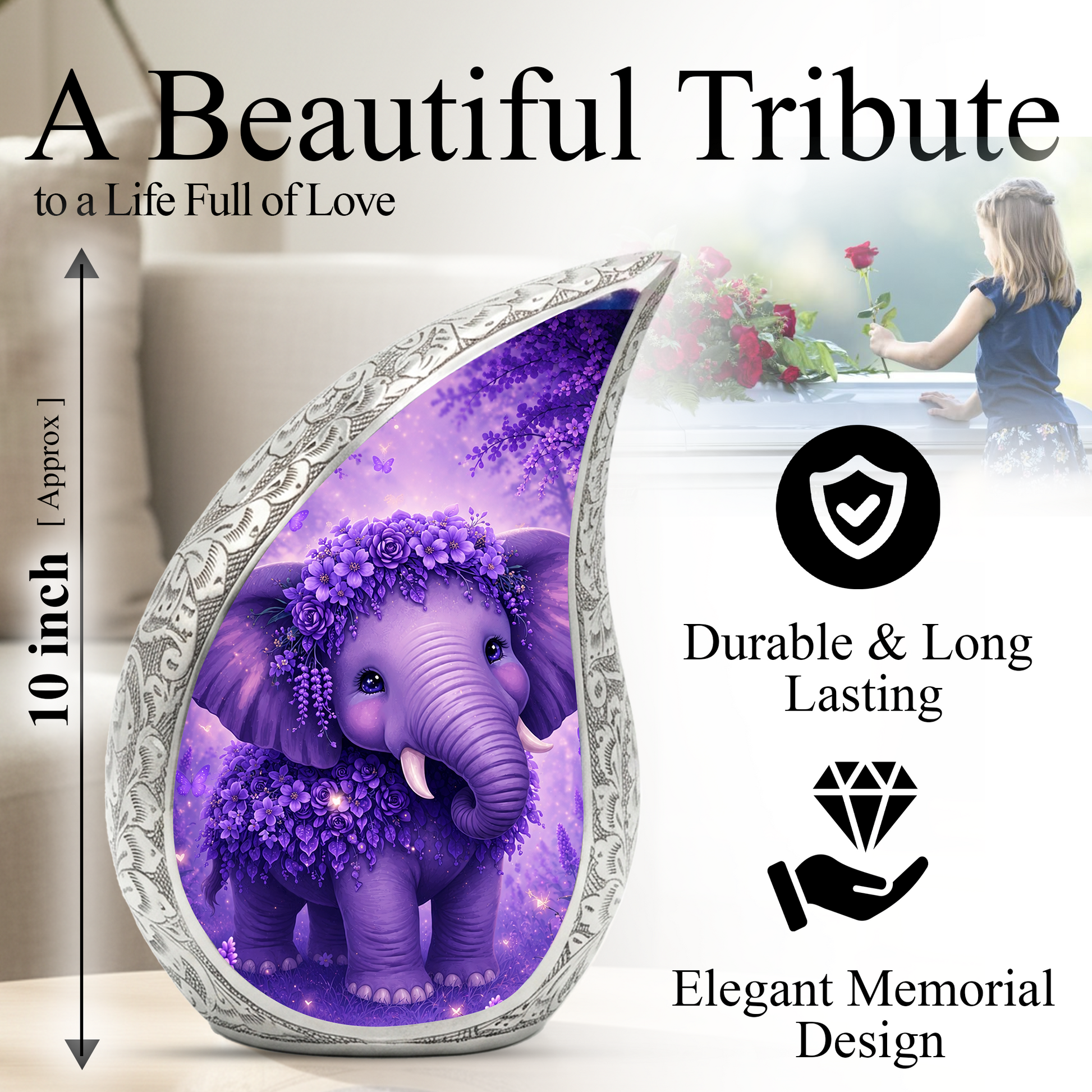 Purple Baby Elephant Adult Urn for Human Ashes