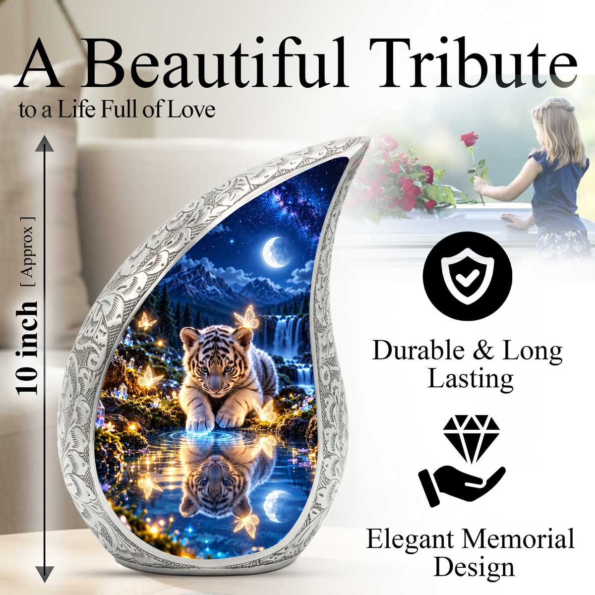 Tiger Cub Urn for Ashes, keepsake White Tiger Cremation Urn